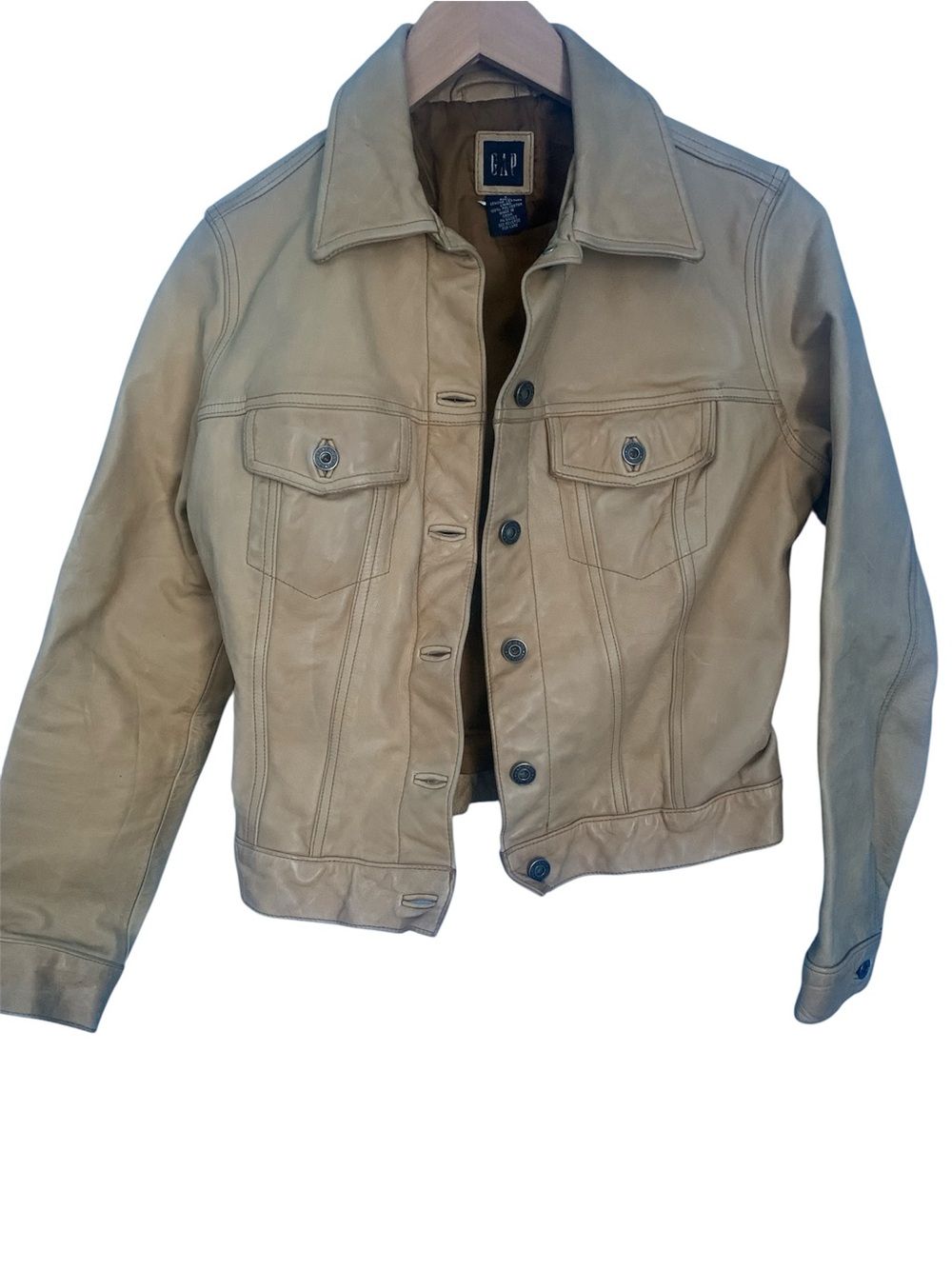 Vintage Y2K Gap Tan Camel Leather Trucker Jacket Rare Size S